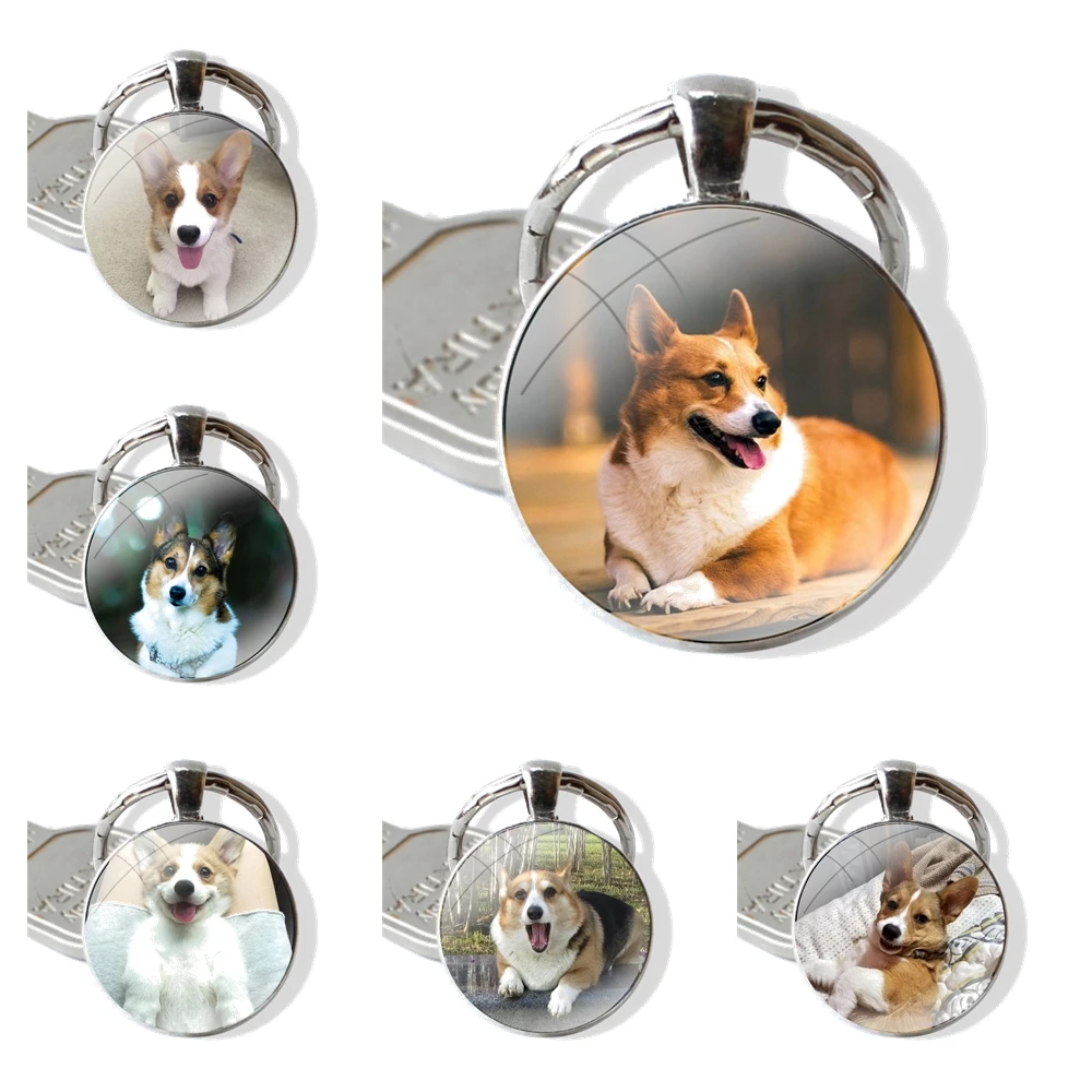 Keychain Handmade Glass Cabochon Key Ring Holder Pendant Key Chains Welsh Corgi Dogs