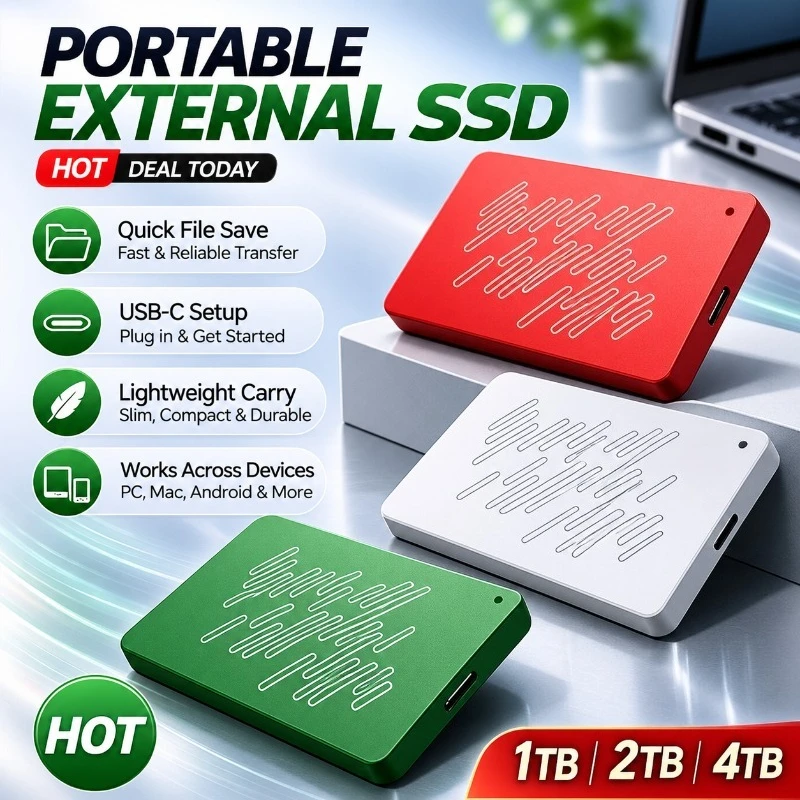 Portable USB3.0 SSD A3 Series External Hard Drive, 500GB 1TB 2TB 4TB Black Solid State Disk for Gaming Console & Office Gift