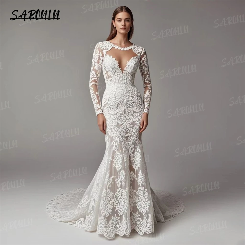 SAROULU Exclusive Lace Long Bride Dress Full Illusion Sleeves Mermaid Wedding Dresses for Women Court Train Bridal Gown