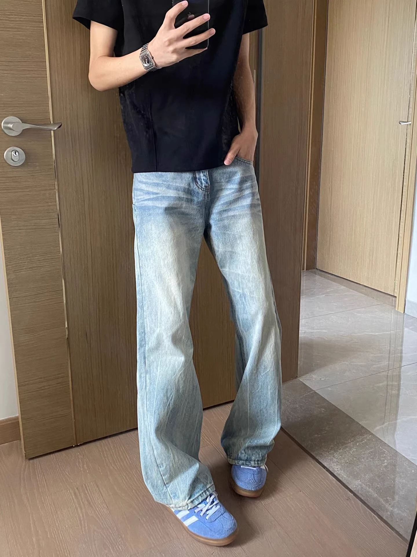 

Мужские джинсы Cleanfit Blue Washed Ykee Knife Le ape, прямые, повседневные, из смесового хлопка и полиэстера, прочные