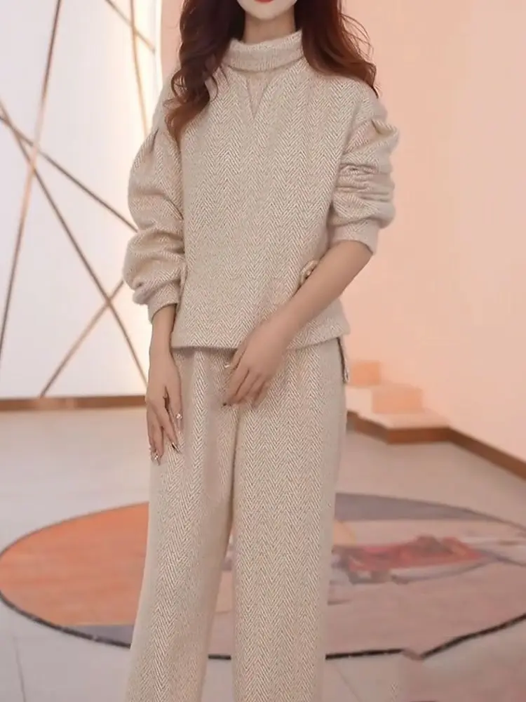 Moda e estilo casual luz luxo minimalista conjunto outono e inverno 2025 feminino versátil manga comprida topo e calças