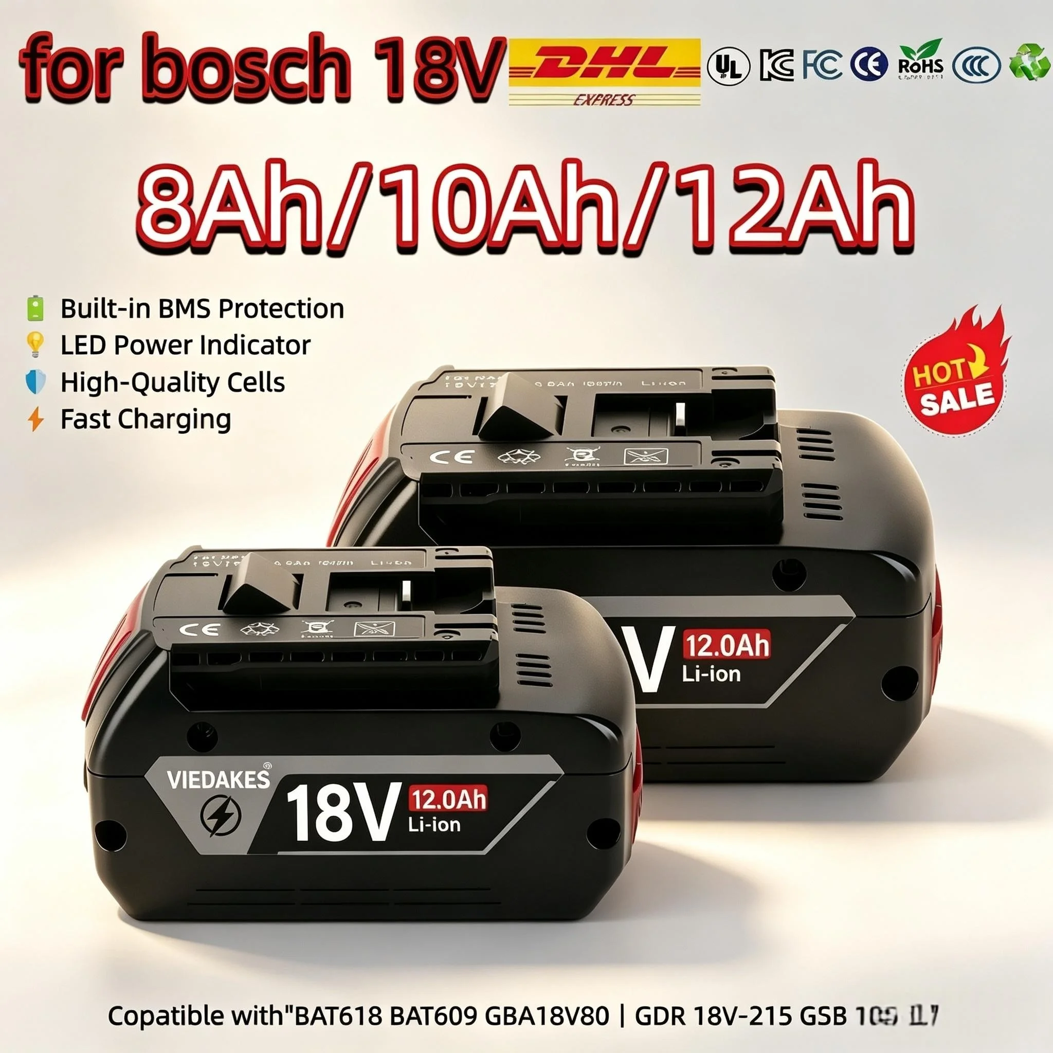 18V 6.0Ah Li-ion Battery Compatible with Bosch BAT609, CE FCC RoHS Certified Perfect Fit Easy Install Battery