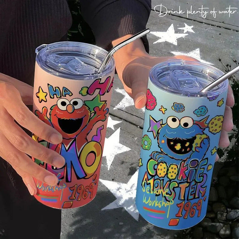 Sesame Street ELMO cute student coffee cup high-value printed stainless steel thermos cup office straw portable water cup