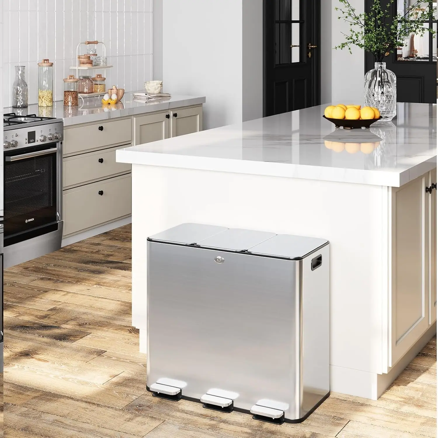 

15.9 Gal Triple Compartment Trash Can, Stainless Steel, 3X5 Gal Buckets, Soft Close, Recycling Bin