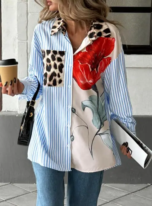 

Woman Blouse 2025 Spring New Personalized Trendy Floral Print Striped Patchwork Turn-Down Collar Long Sleeve Loose Casual Shirt