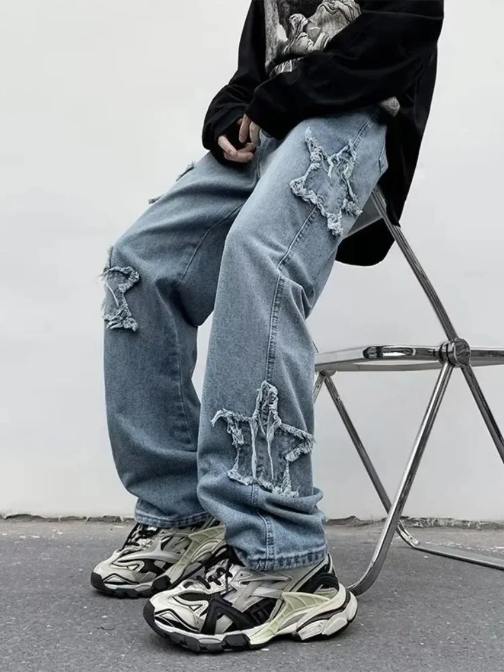 Fashion Mens Jeans Stars Towel Embroidery Baggy Men Jeans Y2K Clothes Straight Hip Hop Cotton Trousers Streetwear Men Clothing