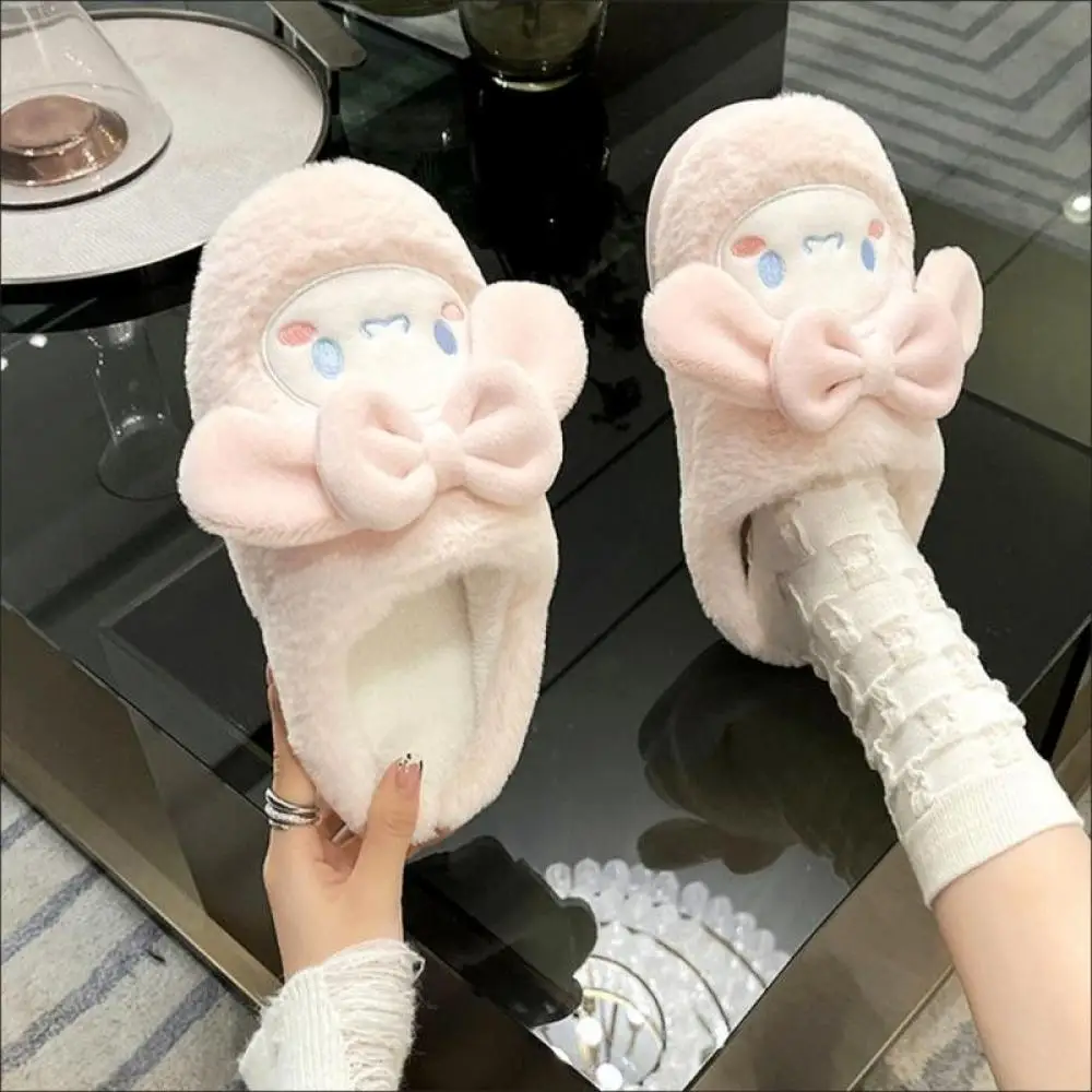 

Sanrio Women Cinnamoroll Plush Slippers Kawaii Anime Flat Cotton Shoes Pink Winter Keep Warm Soft Cute Student Girl Sweet Gift