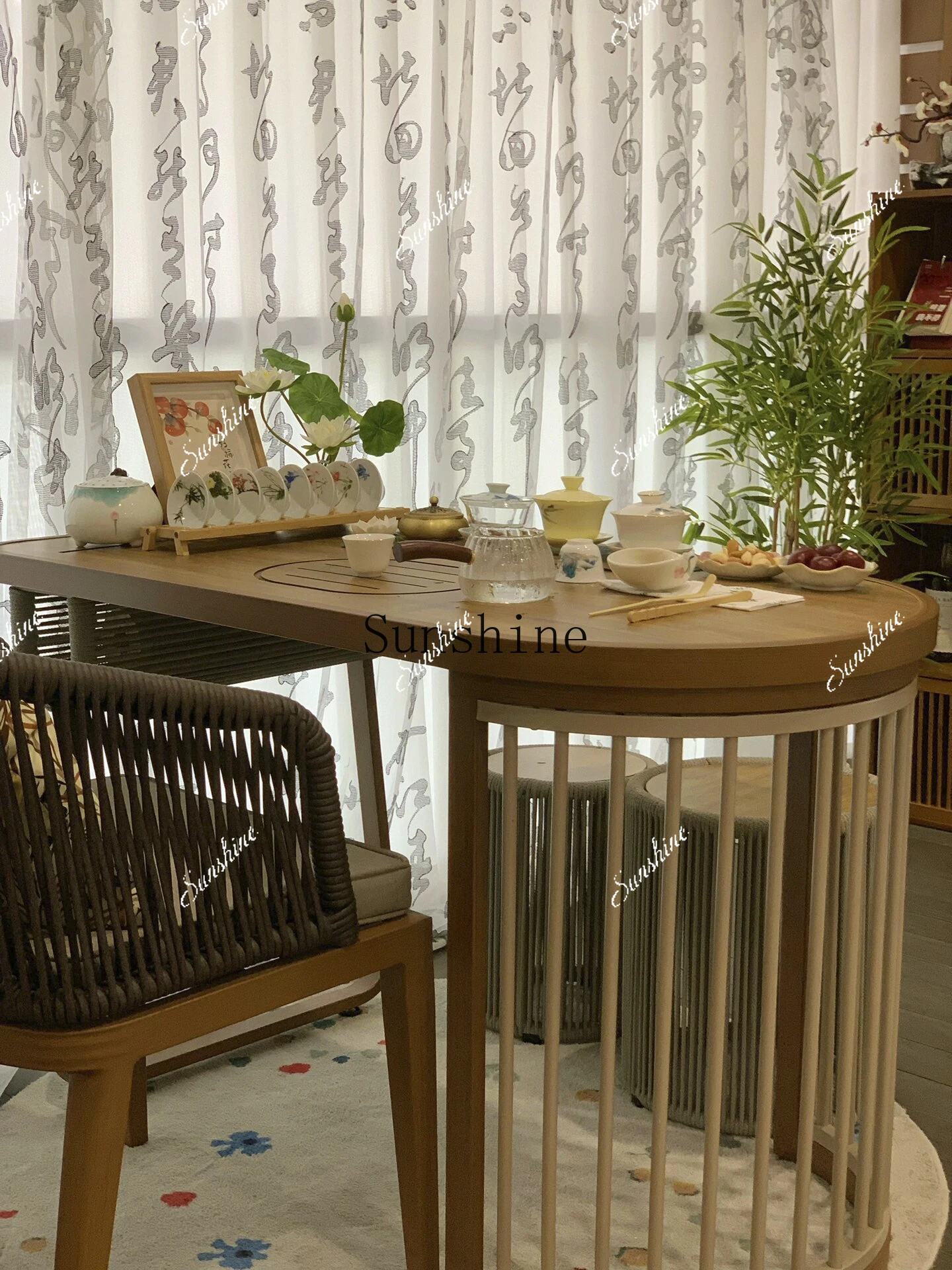 New Chinese balcony tea table and chair combination New Zen solid wood small household tea  FT