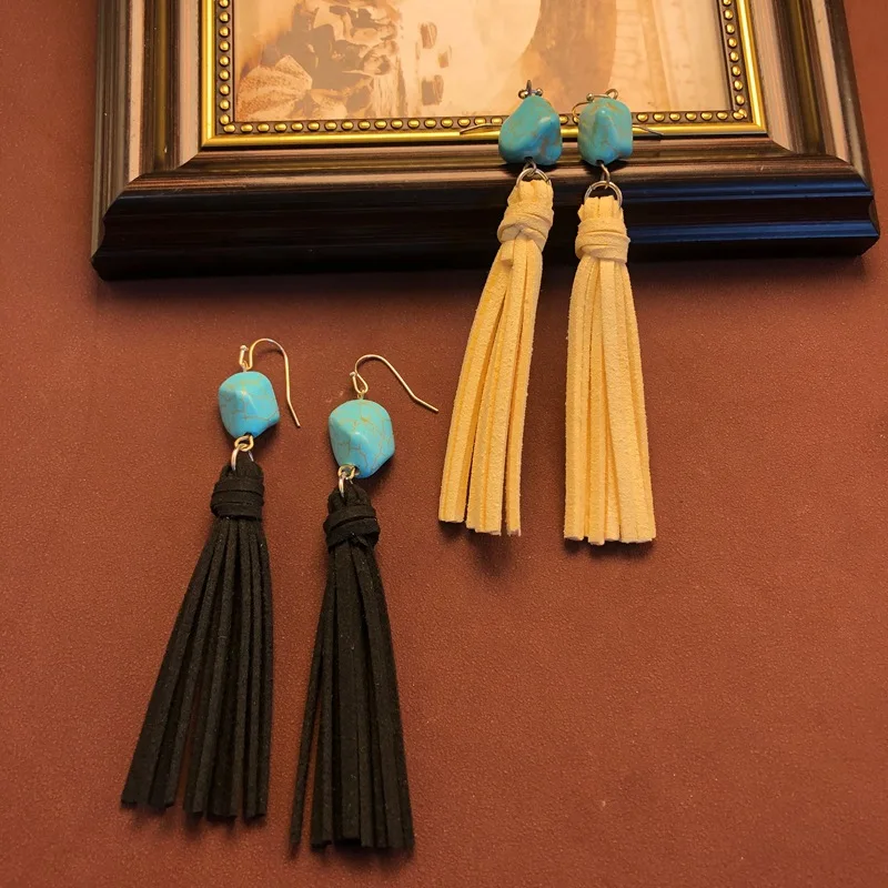 Retro jewelry velvet tassels stylish design versatile turquoise pendants ear hooks ear stud jewelry