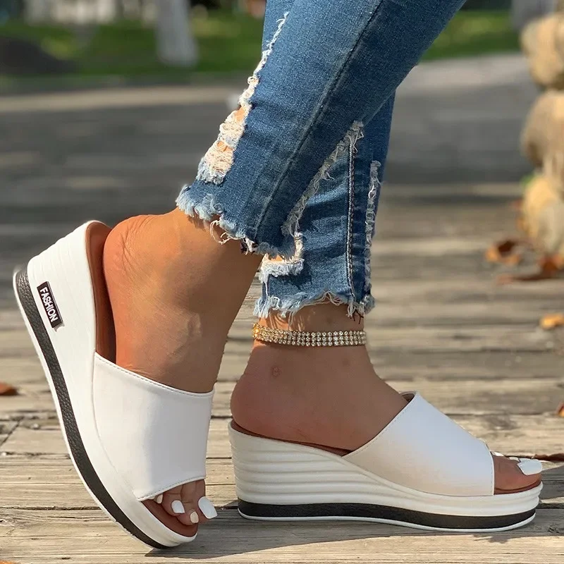 High-heeled Flat Wedge Heel Open Toe Simple Women\'s Sandals 2024 New Hot Selling Solid Color PU Shoes for Women Zapatos De Mujer