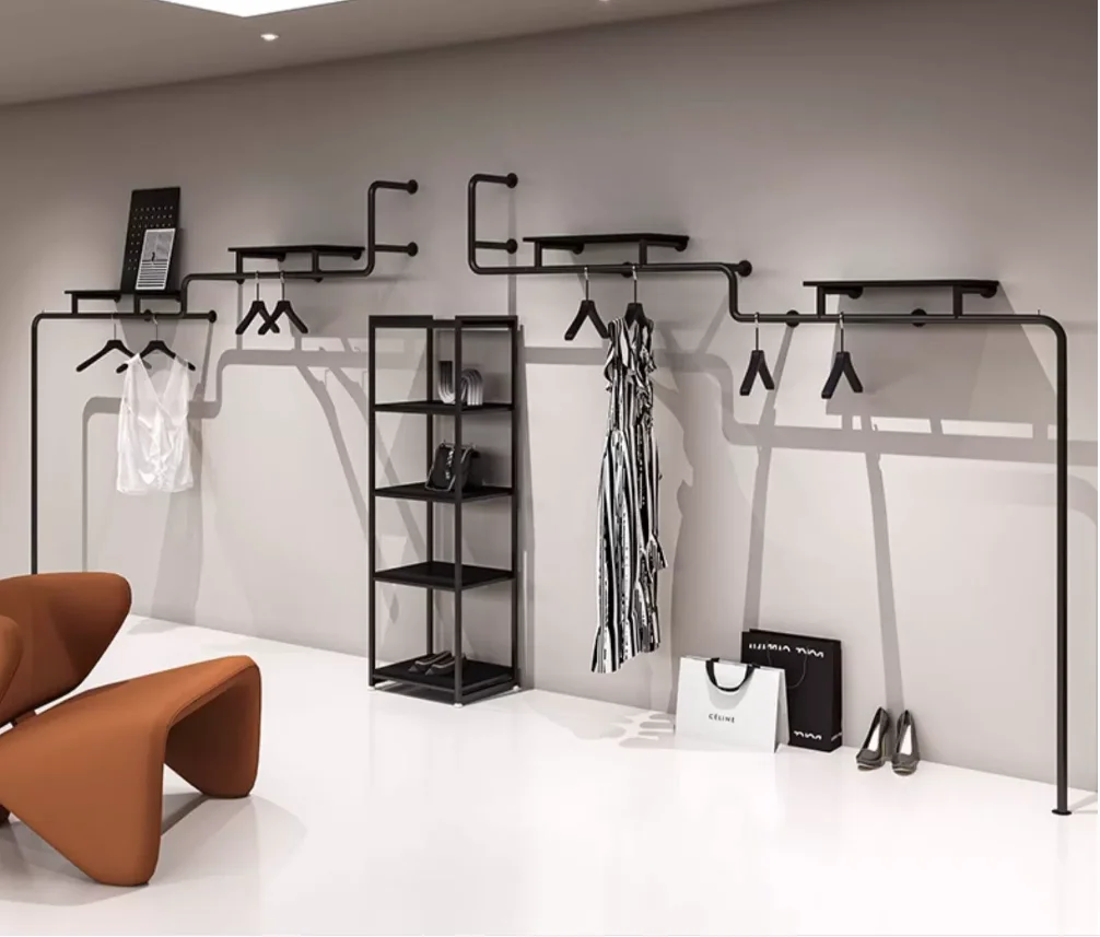 

Black Wall-Mounted Iron Clothing Display Rack for Women's Apparel Special Combination Store Hanging Showcase Rack