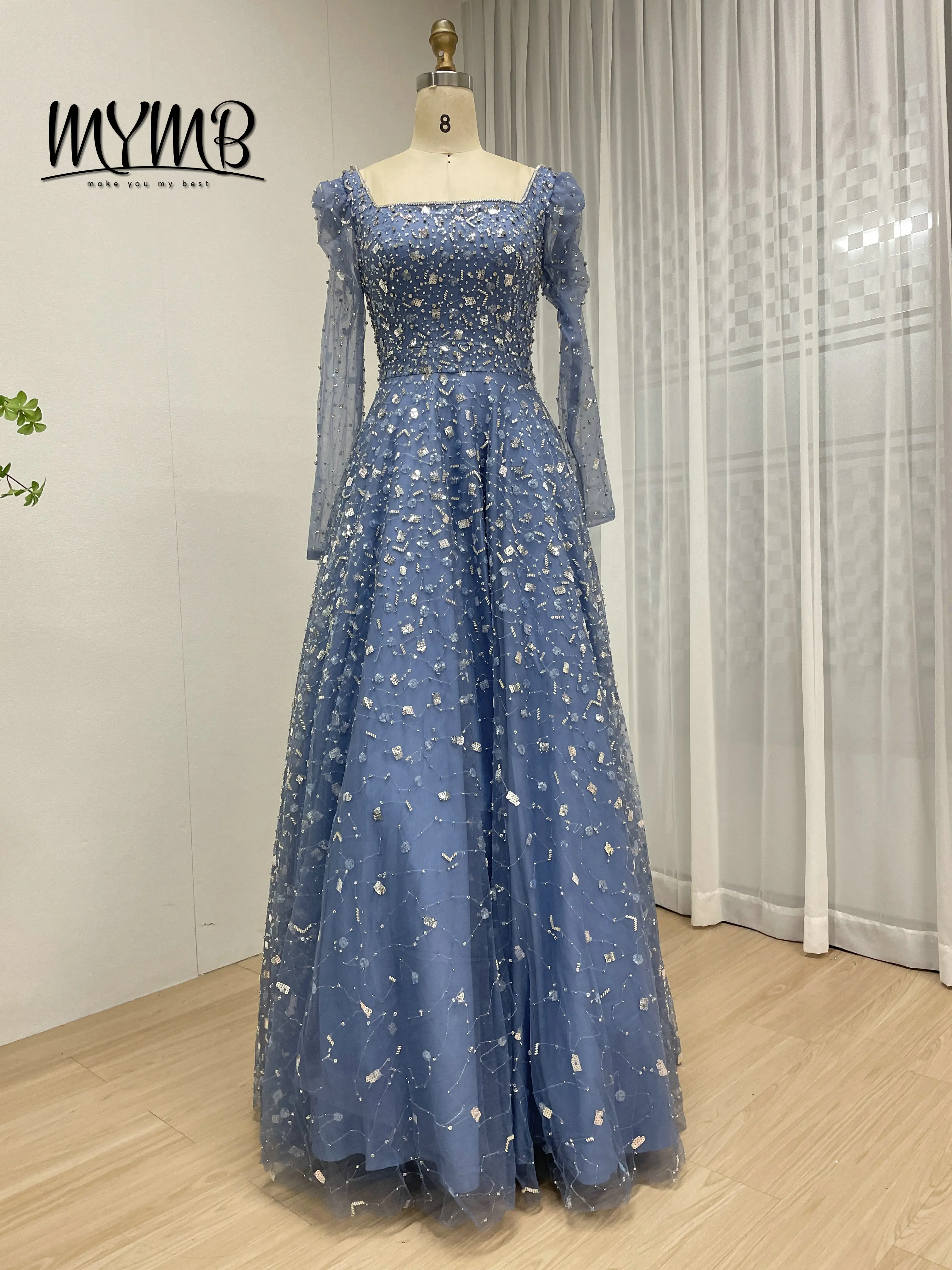 

MYMB Elegant Blue Beaded Long Sleeves Evening Dresses a Line Wedding Dresses Dubai Muslim Formal Party Gowns for Women MY30203
