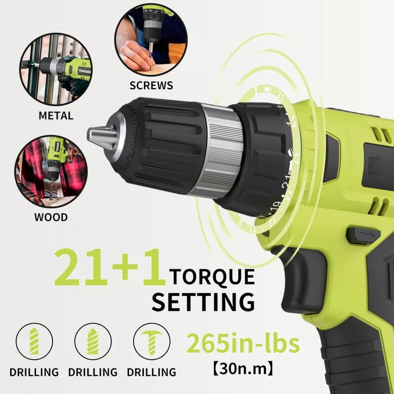 Cordless Drilling Bit Set,20V Electric Drill Headband Battery and Charger,Torque 30N,21 1 Torque Setting