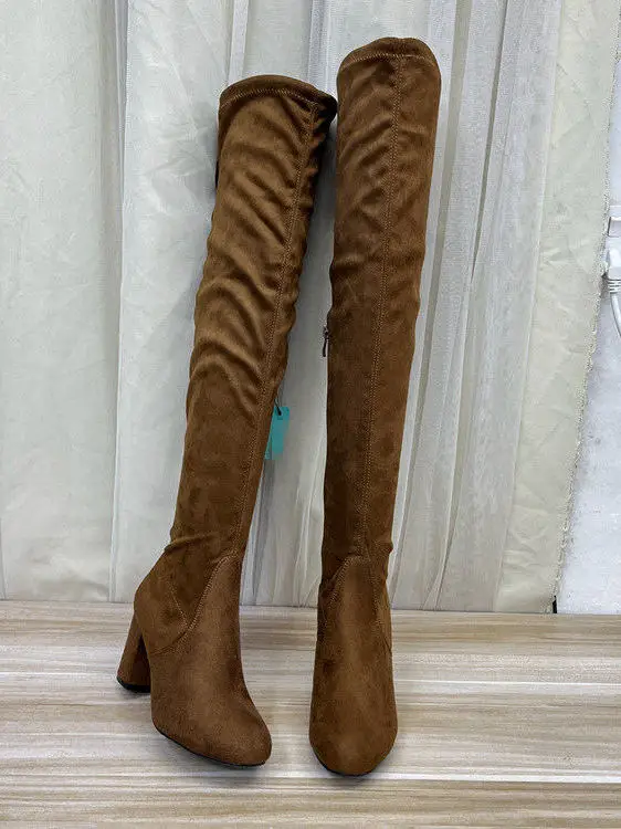 

Модные женские высокие сапоги с круглым носком на массивном каблуке, с боковой молнией, на высоком каблуке, в корейском стиле, выше колена, с бархатной поверхностью, универсальные