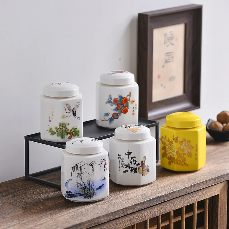 Classical Ceramic White Storage Jar Mountain Water Sealed Candy Box Medicine Powder Ointment Coffee Bean Container