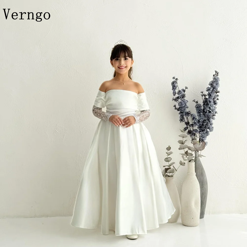 

Verngo lvory Satin Girl Flowers Dress Off The Shoulder Full Sleeves A Line Birthday Party Dresses Kid Prom Gowns Customized