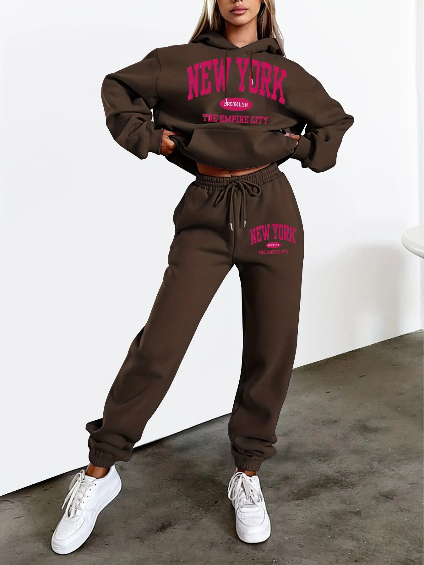 New York Print Two piece Set Casual Kangaroo Women\'s Casual Fashion Round Neck Sweatshirt, Solid Color Long Sleeves Sweatshirt,