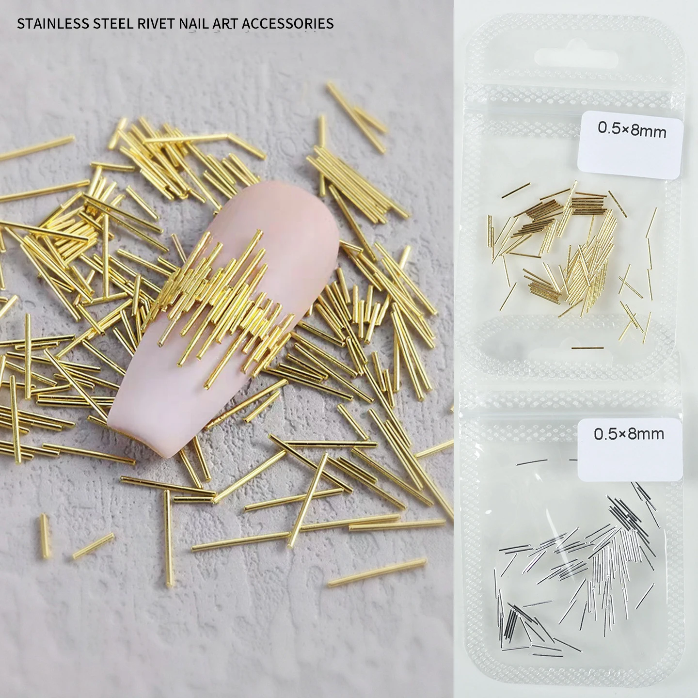 200PCS 3D Stainless Steel Thin Metal Rod Bar Nail Studs Gold Silver Long Solid Strip Rivet Decorations DIY Manicure Accessories