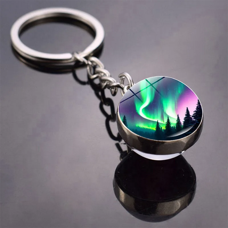 Northern Lights Keychain Fashion Luminous Aurora Double-Sided Glass Ball Car Handbag Pendant Keychain Astronomy Lover Gift