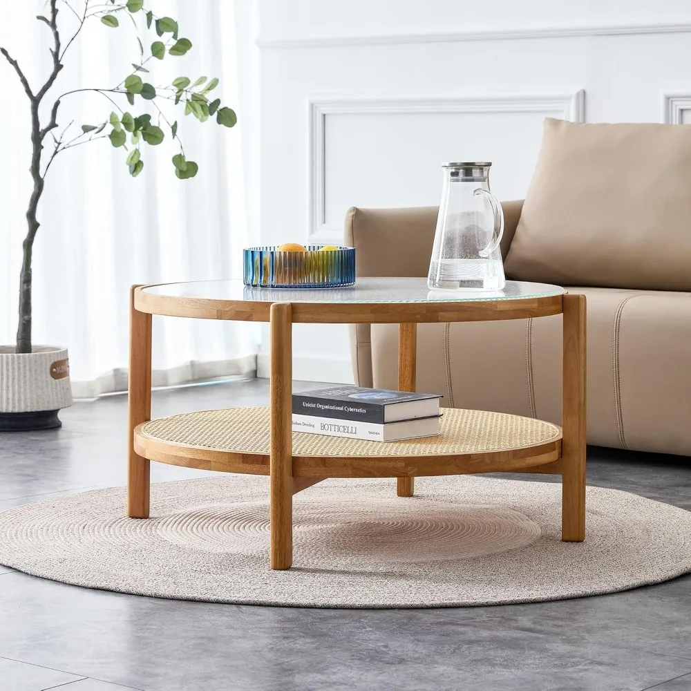 Mid Century Modern Coffee Table with Glass Top and PE Rattan Storage Shelf, 2-Tier 35 Inch Solid Wood Round Boho Coffe Table, Un