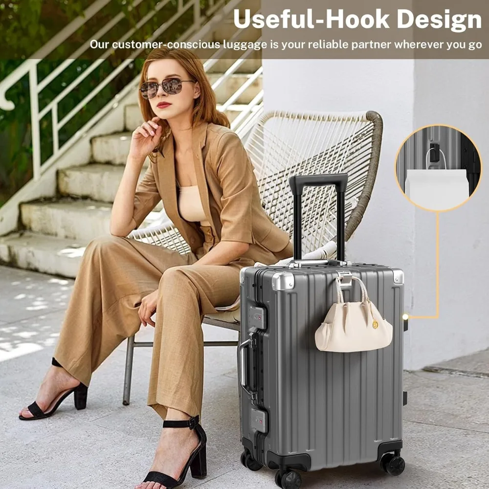 Koper Spinner Rangka Aluminium 24 Inci dengan Cangkang Keras PC+ABS Ringan dan Desain Tanpa Ritsleting untuk Bagasi Kabin