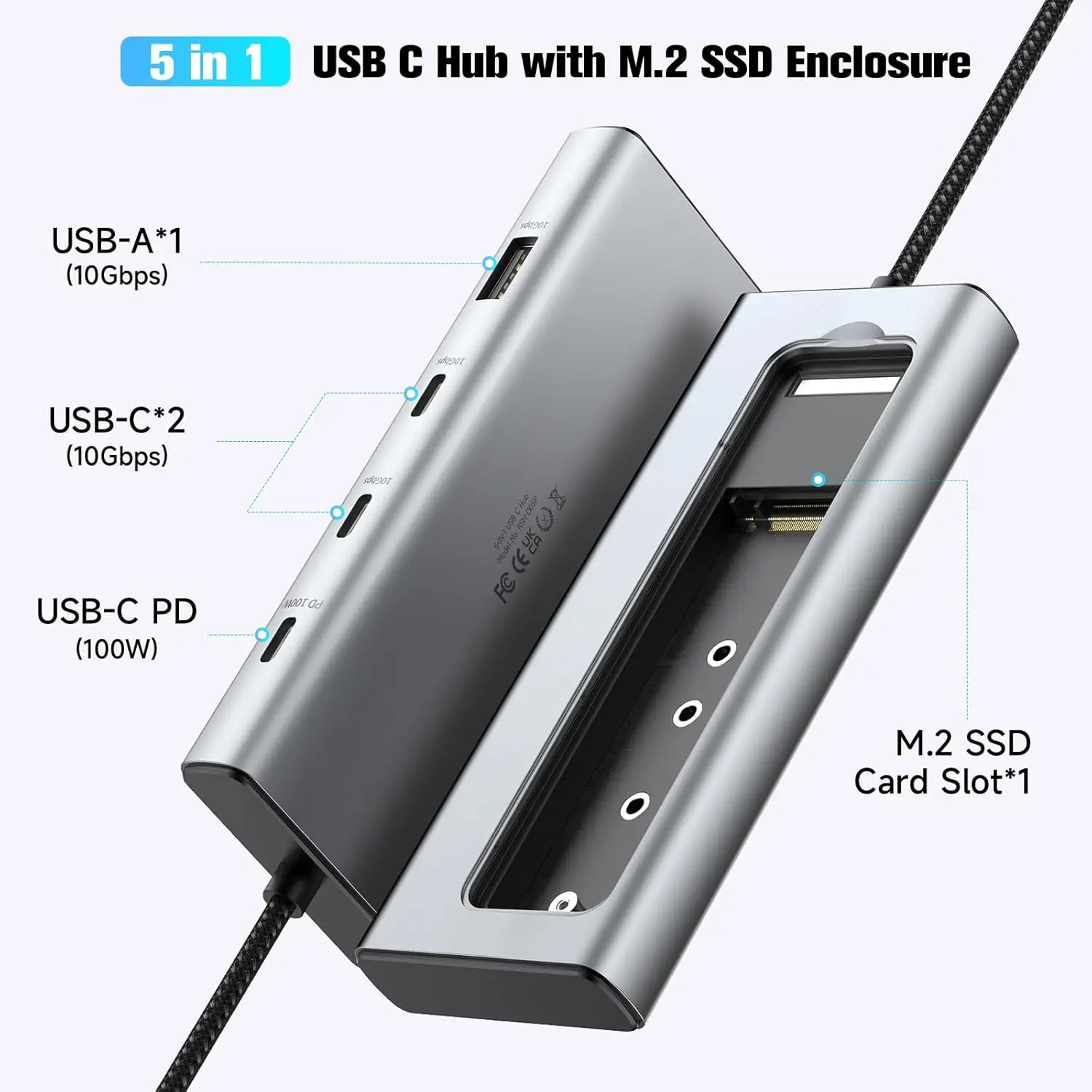 RSHTECH M.2 NVMe/SATA SSD Enclosure 5-in-1 Aluminum 10Gbps USB C Hub with 3 USB 3.2 Data Ports 100W Power Delivery and M2 SSD Docking Station External USB-C to M.2 Caddy for Laptops MacBook