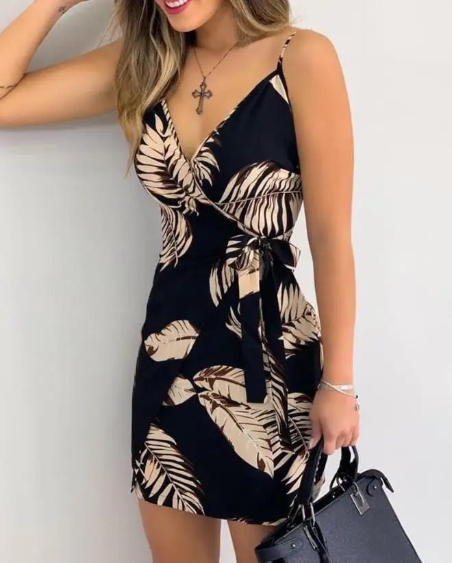 

Women's Dress 2024 Spring Summer Latest Casual Sweet V-Neck Leaf Print Mini Dress Spaghetti Strap Skinny Vacation Short Skirt