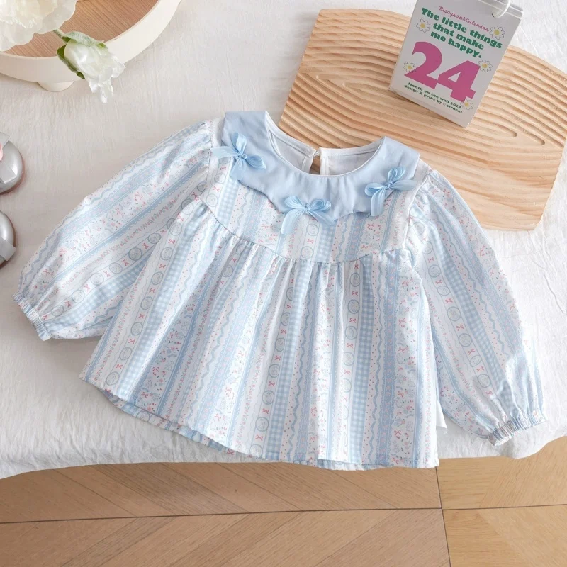 

Girls' Spring 2026 New Bow Lace Collar Long Sleeve Shirt, Baby Girl Shirt, Children's Stylish Top, Children's Clothing 2-8T