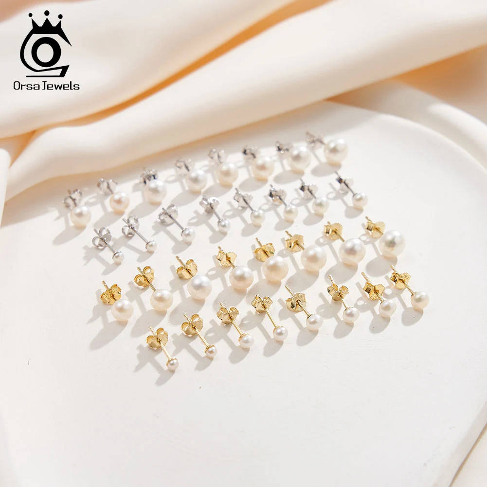 ORSA جواهر بساطتها 1 زوج لؤلؤ المياه العذبة الأذن مربط اللؤلؤ الحقيقي وأقراط 925 الفضة الجولة اللؤلؤ الطبيعي الأذن مربط GPE104 #5