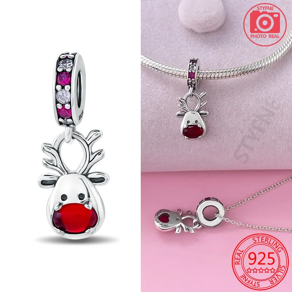 sterling 925 silver Christmas pendant theme series red-nosed reindeer for women's bracelet diy jewelry light luxury simple gift