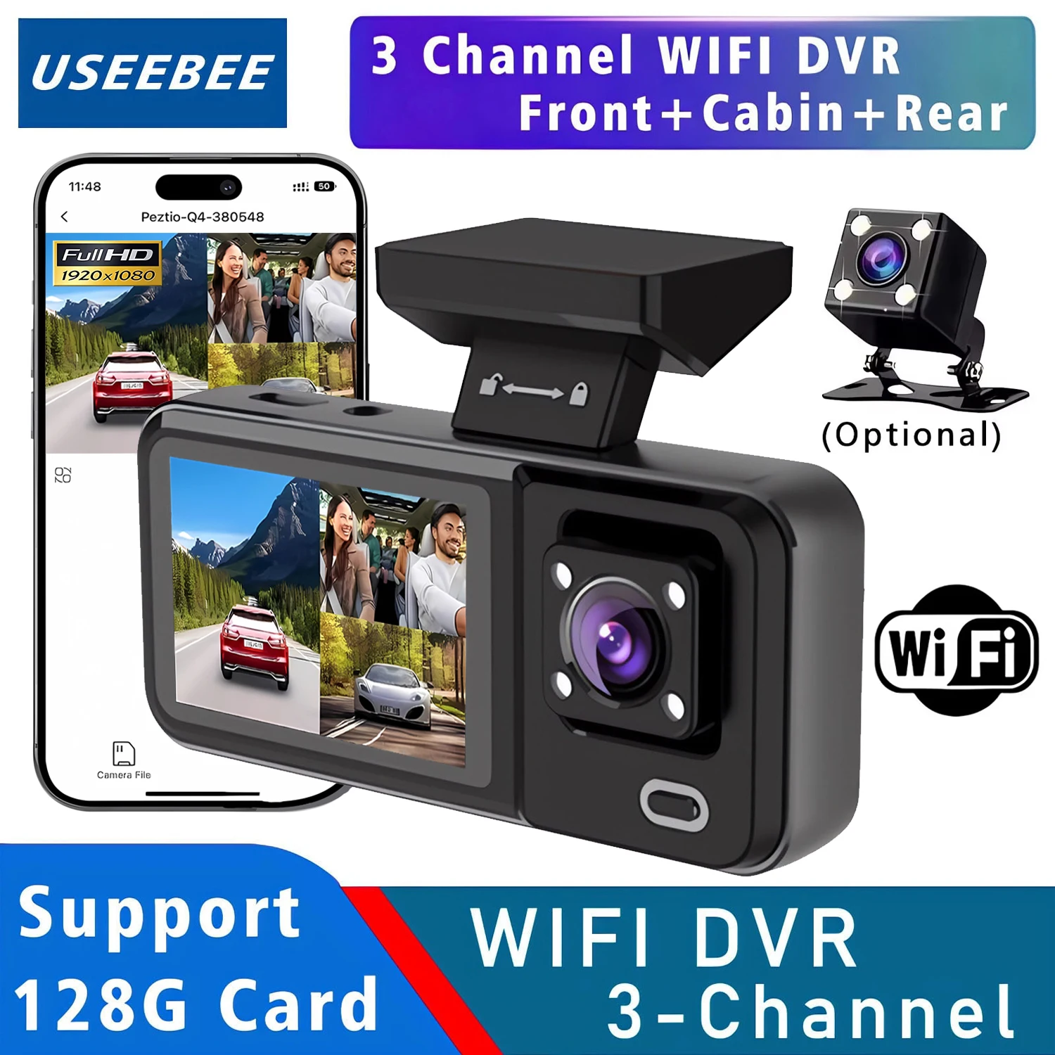 

Видеорегистратор для автомобиля с Wi-Fi, 3 камерами, записью 1080P, трехканальный, для салона автомобиля