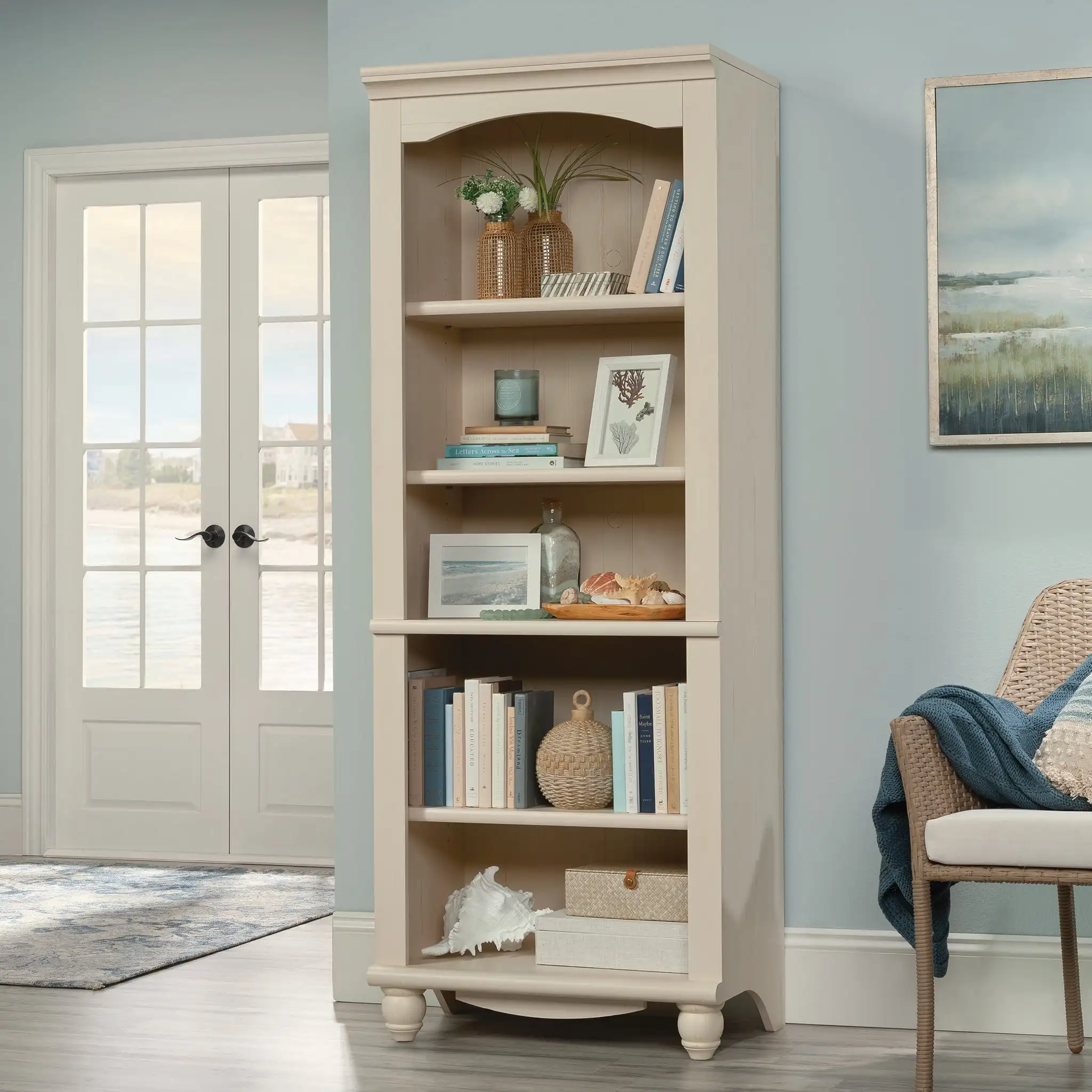 Engineered Wood 5 Shelf Bookcase in Antiqued White Enclosed Back Panel Has Cord Access Sturdy and Durable