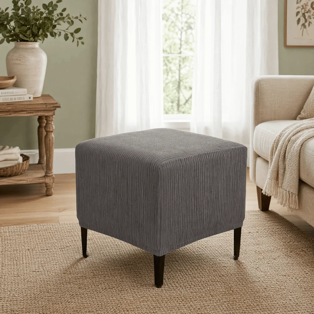 Jacquard Velvet Square Footstool Cover Square Shaped Solid Color Bench Storage Cover Wear Resistant Elastic Fabric Wrap