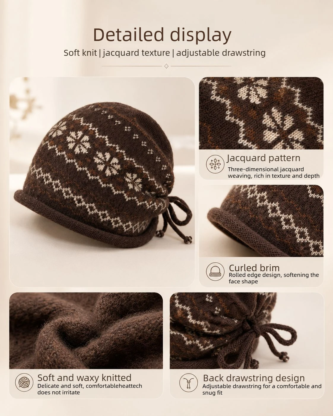 Fair Isle Slouchy Beanie Women Fall Winter Rolled Brim Retro Plus Size Knit Skull Cap Warm Ear Flap