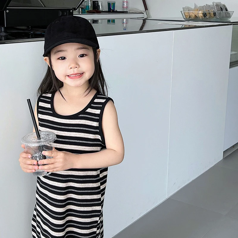 Girls Summer Dress Baby Kids Clothes Black And White Striped Knitted Vest Dress Children\'S Bottoming Dress Long Dress Long T-Shi