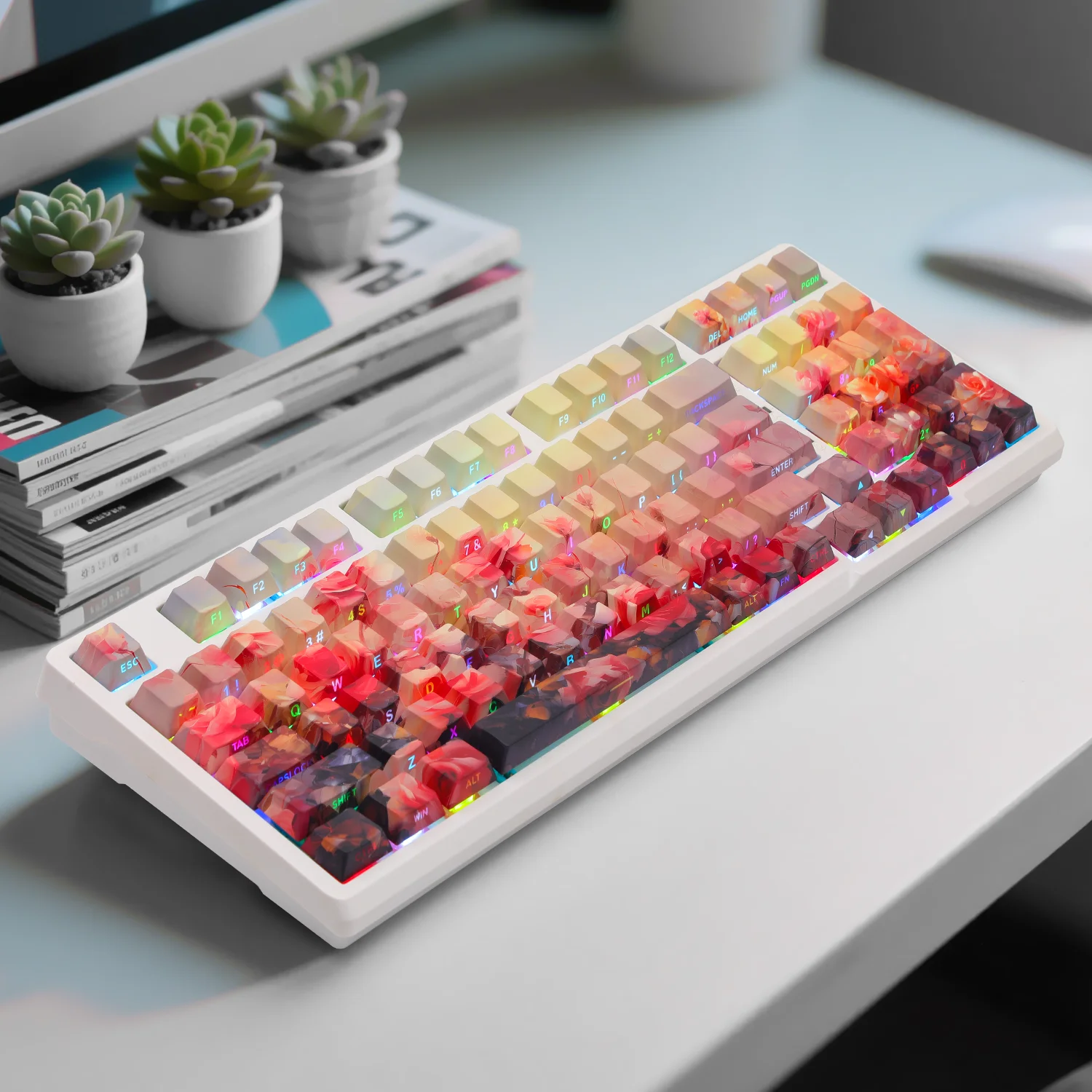 

Colorful camouflage keycaps, suitable for most mechanical keyboards. For ladies, men, girls, students, or cute designs.