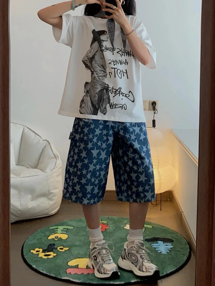 PBAP Big Size Star Print Denim Bermuda Pants Women Pockets Vintage Wash Low Waist Baggy Jeans Jorts Casual Summer Everyday Wear