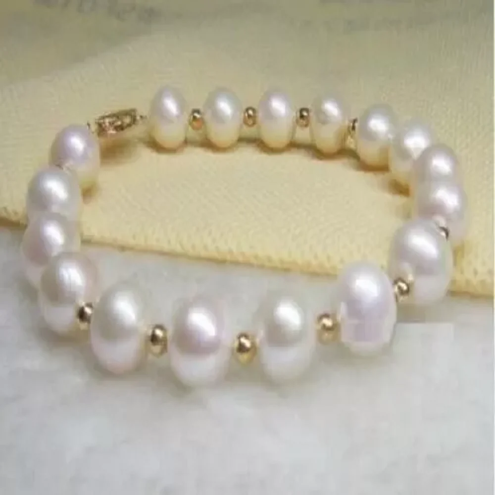 

Bestselling 7.5-inch -8-inch natural AAA 8-7mm South Sea white pearl bracelet with 14K gold buckle 7-10mm