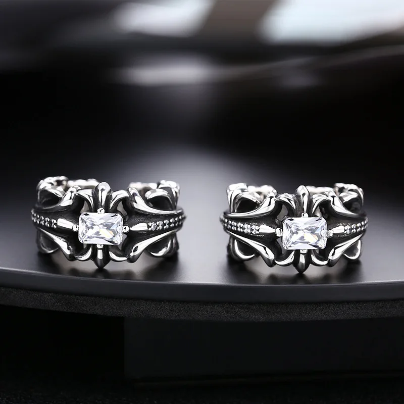 S925 sterling silver ring for men and women cruciate Flower Diamond Thai silver vintage distressed black punk & rock ornament