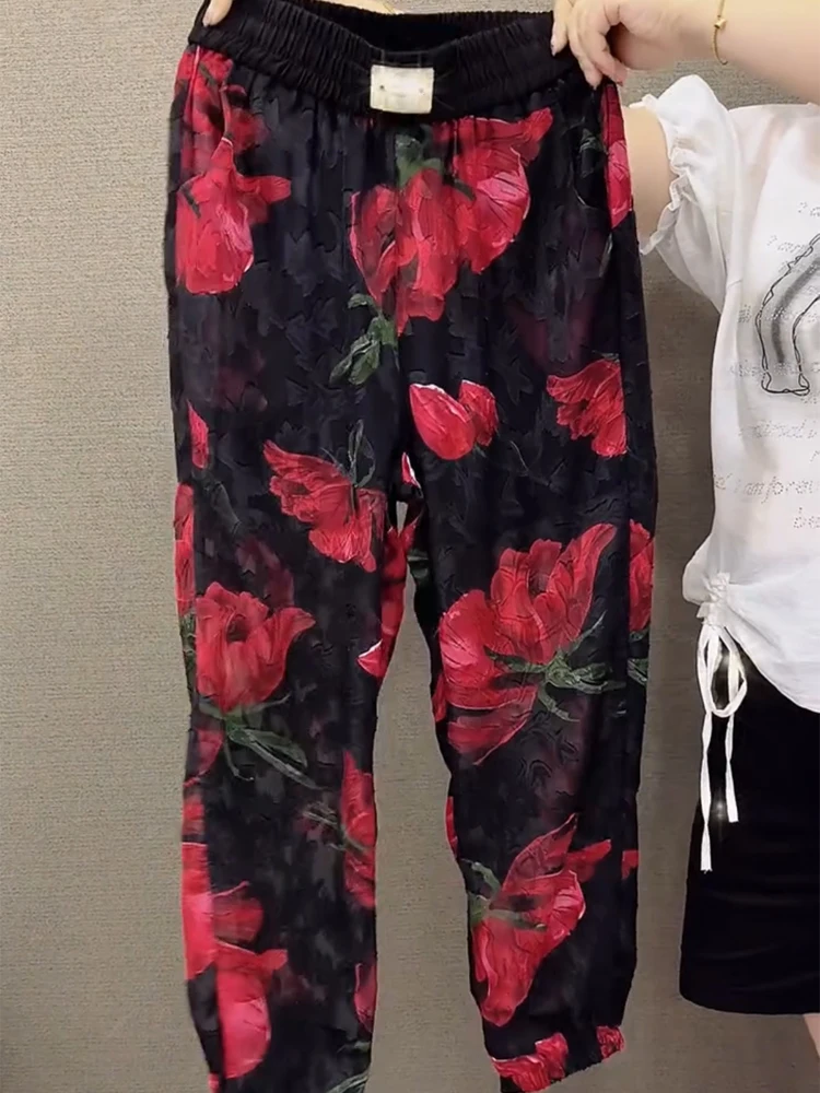 Calça de seda gelo até o tornozelo feminina, calça esportiva de lazer, perspectiva flores, novo, primavera, verão