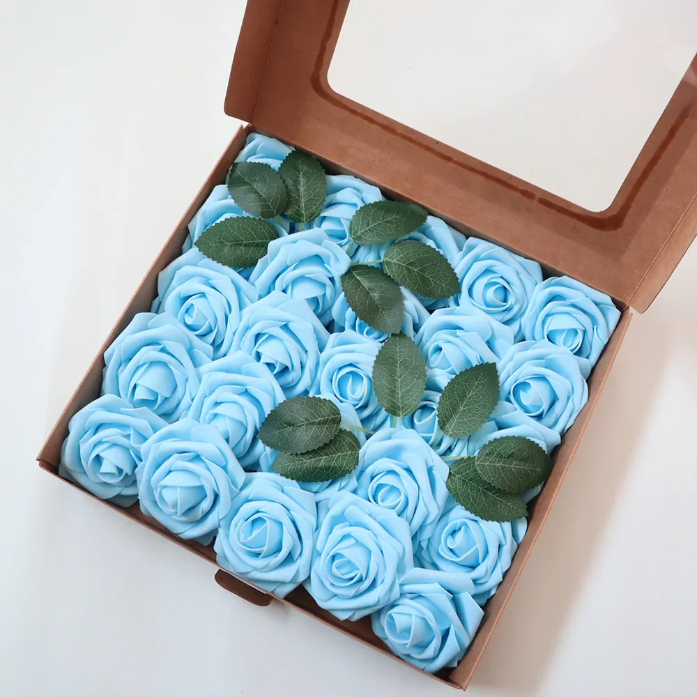 Mini Rose Artificial Flower with Stem, PE Foam, Handmade Decoration, Flore Branch, Gift Box, Decor Supply, Whole Box, 25Pcs