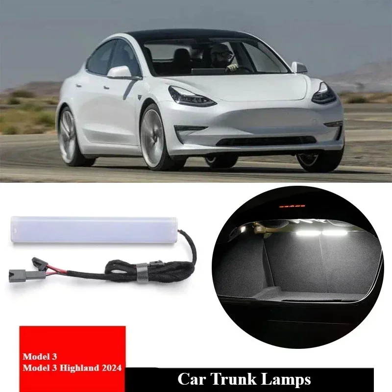 車のトランクカーゴエリアライト、ラゲッジコンパートメント、インテリア照明、白色LED、DIY、テスラモデル3、ハイランド、2024に適合