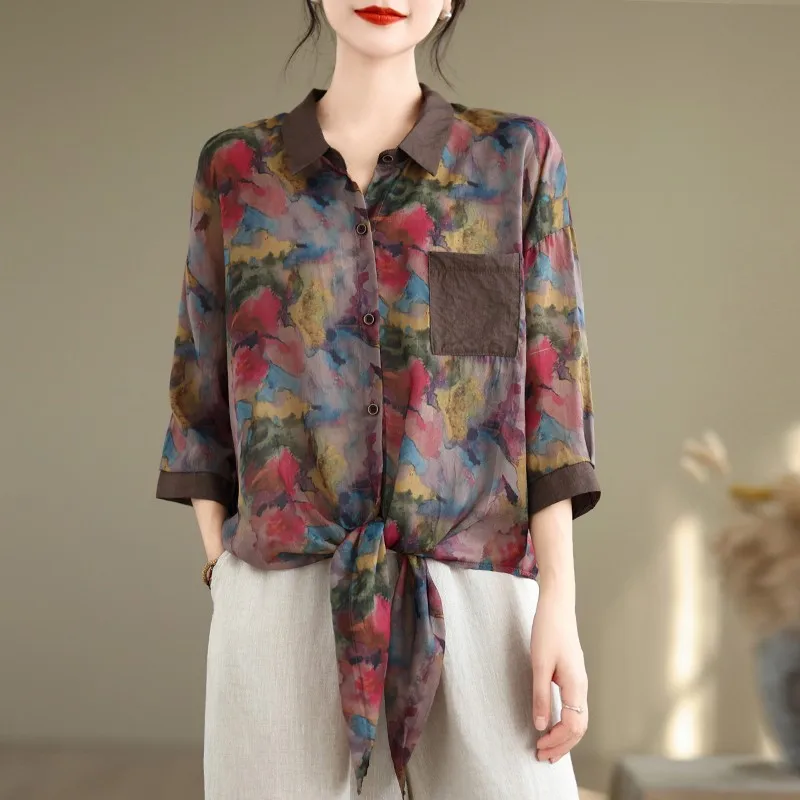 2024 Summer New Arts Style Women Half Sleeve Turn-down Collar Loose Shirt Vintage Print Lightweight Chiffon Blouse Tops P696