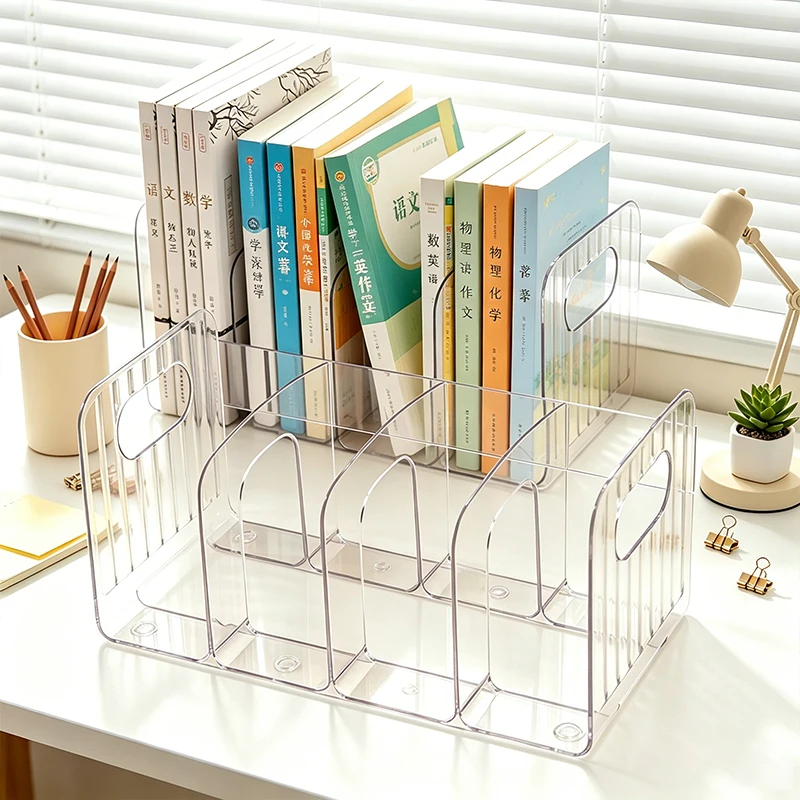 Acrylic Book Stand with Handle, 4‑Compartment Desktop Book Holder, Multi‑Function Bookend & Bookshelf Divider for Office