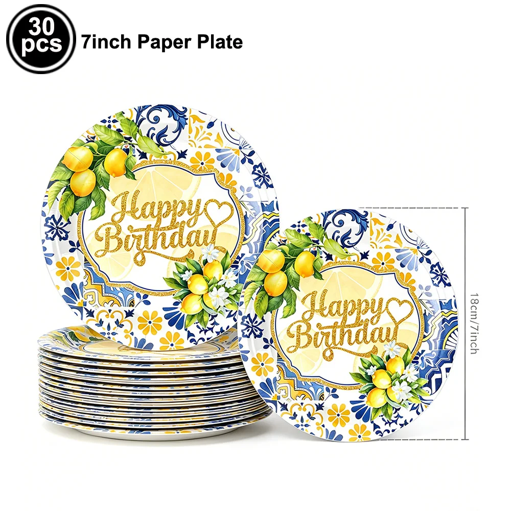 Zitronen-Thema Einweggeschirr Zitronen-Party Pappteller Servietten Strohhalme Becher Zitronen-Sommer-Themen Geburtstagsparty Dekorationszubehör – Detail 3