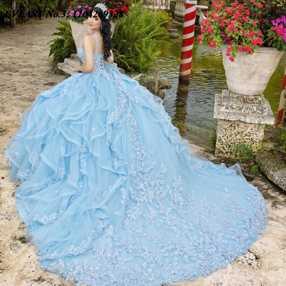 EVLAST Personalizado México Rosa Quinceanera Vestido de Baile Vestido de Renda Applique Frisado Espartilho Babados Doce 16 Vestido De 15 Anos E3Q259