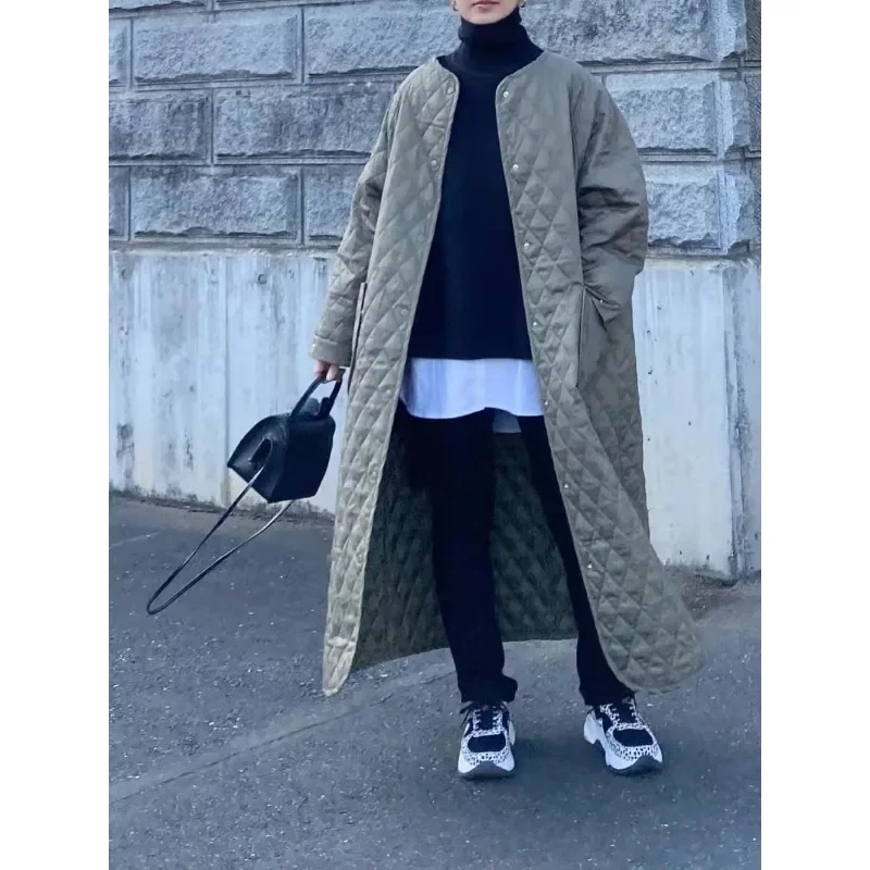 Lightweight Quilted Long Cotton Coat Women's Autumn Winter Thickened Warm Coat Retro Round Neck Single Breasted Women Clothing