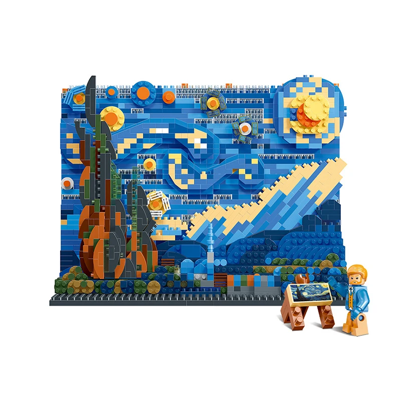 Creative World Famous Paintings The Starry Night MOC The Great Wave of Kanagawa Micro Building Blocks Brick Figure For Kids Gift