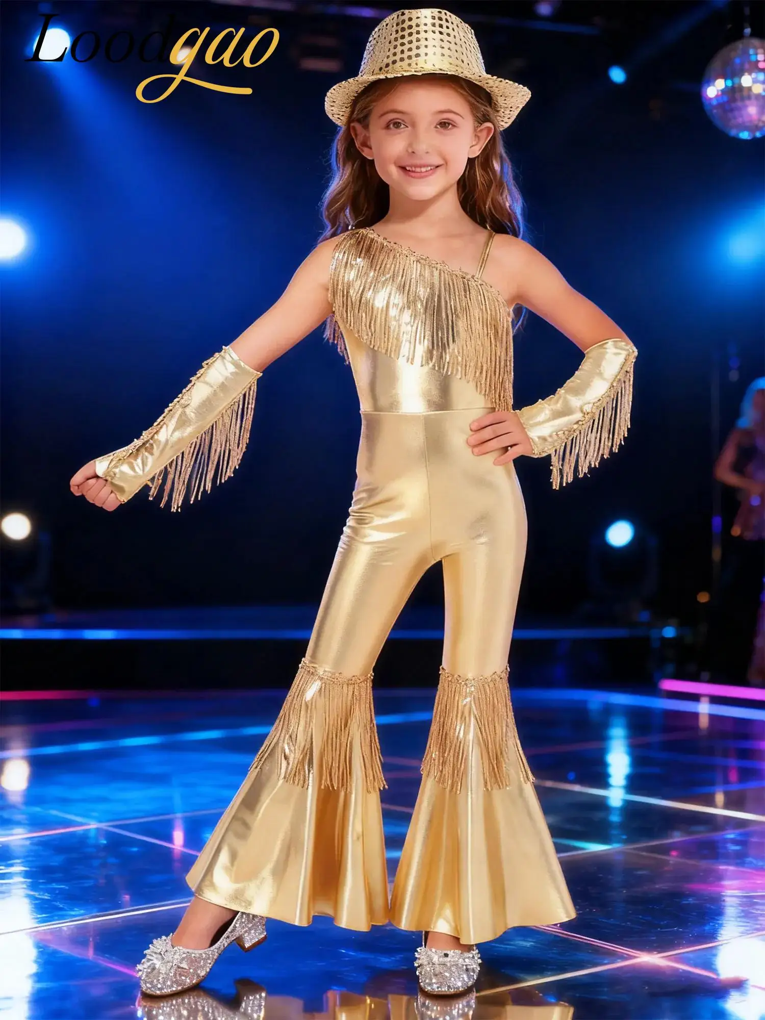 

Комбинезон на одно плечо для девочек с перчатками, шляпа Федора с блестками, наряд для дискотеки 60-х годов, детский расклешенный костюм для джазового танца с кисточками