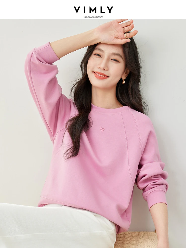 Vimly Spring Pink Sweatshirts Women 2024 Fashion Casual Top Round Neck Cotton Blend Embroidery Long Sleeve Female Pullover M6025